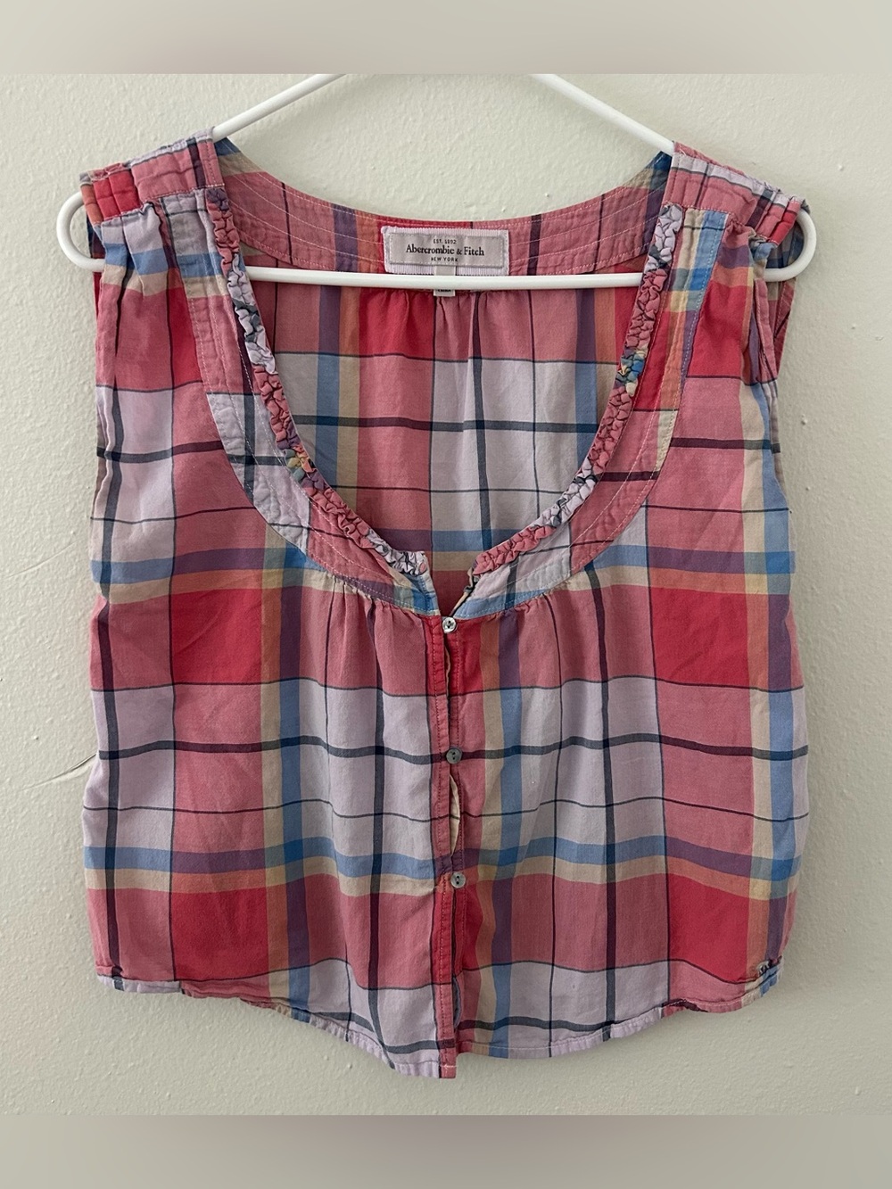Vintage Abercrombie & Fitch Plaid Scoop Neck Button Front Top Womens M 90s Prep